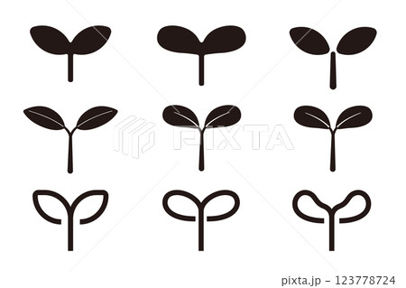 双葉の芽のアイコンセット、新芽のシルエット 123778724