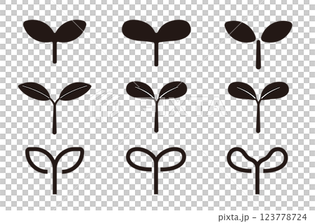 双葉の芽のアイコンセット、新芽のシルエット 123778724