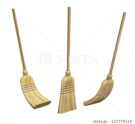 Straw broom in different positions on white background - 3d illustration Straw broom in different positions on white background - 3d illustration 123779114