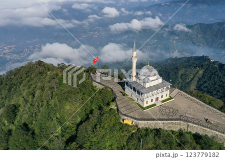 Footage of the mosque on Rize Qibla Mountain, also known as the mountain mosque and prayer hill, a tourist center visited by many people. Footage of the mosque on Rize Qibla Mountain, also known as the mountain mosque and prayer hill, a tourist center visited by many people. 123779182