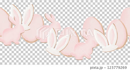 Easter seamless gingersnap cookie border with icing in the shape of a bunny, egg, bunny ears as a symbol of spring, hope and renewal.Watercolor illustration is hand drawn on a transparent background Easter seamless gingersnap cookie border with icing in the shape of a bunny, egg, bunny ears as a symbol of spring, hope and renewal.Watercolor illustration is hand drawn on a transparent background 123779269