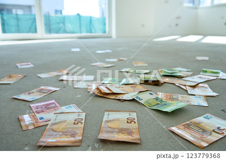 Euro banknotes scattered on concrete floor in new unfinished apartment, symbolizing financial planning. Concept of investment, budgeting and real estate expenses Euro banknotes scattered on concrete floor in new unfinished apartment, symbolizing financial planning. Concept of investment, budgeting and real estate expenses 123779368