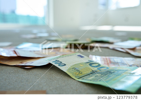 Euro banknotes scattered on concrete floor in new unfinished apartment, symbolizing financial planning. Concept of investment, budgeting and real estate expenses 123779378