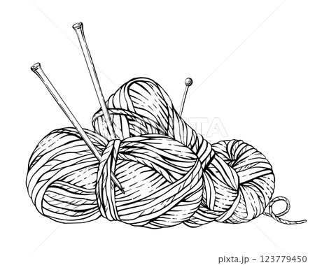 Skeins of knitting thread, balls of yarn with knitting needles and pins. Vector black line art hand drawing illustration. Hobby knitting composition for handmade product label isolated from background 123779450