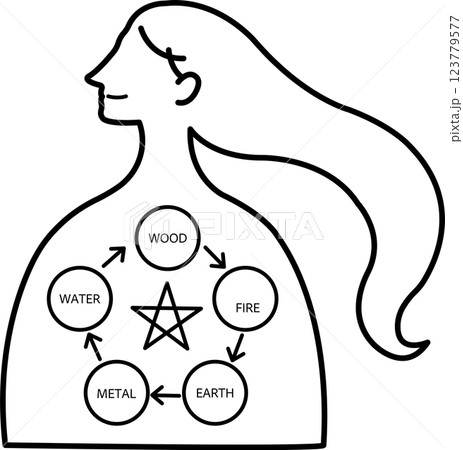 東洋医学の陰陽五行をイメージしたイラスト　線画のみ 123779577