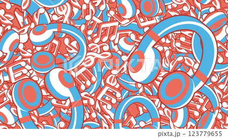 Headphones, gadgets and musical notes signs and symbols piled up in big dump of cacophony. Musical notes piled up in big heap. Vector banner for advertising of music party, disco or rock concert 123779655