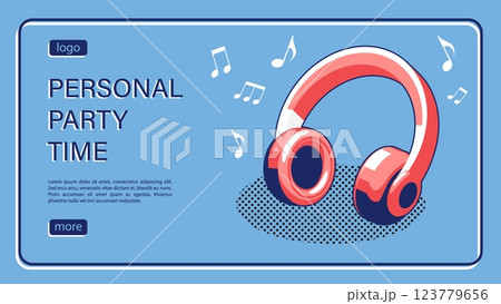 Isometric landing page, advertising wireless gadgets promotion banner, headphones listening of melodies. Music earbuds with notes flying out. Isometric vector linear banner top view 123779656