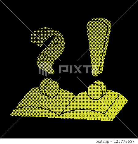 Pixel library literature silhouette icon. Open book with question and exclamation marks. Simple black and yellow vector isolated on black 123779657
