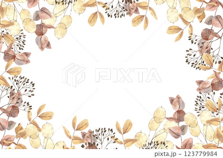 Dried flowers of lagurus, red and yellow eucalyptus and other dried flowers. Rectangular botanical watercolor frame on isolated background. Frame for textiles, wallpaper, weddings, cards, invitations Dried flowers of lagurus, red and yellow eucalyptus and other dried flowers. Rectangular botanical watercolor frame on isolated background. Frame for textiles, wallpaper, weddings, cards, invitations 123779984