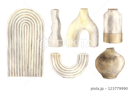 Set of antique plaster vases, stands and candlesticks. Watercolor set in a minimalist modern style. Set for interior, corporate identity of candles, decorations, flower arrangements, minimalist decor 123779990