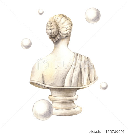 Antique female marble bust with plaster round balls, sculpture of the head of an ancient Greek goddess. Watercolor illustration in vintage style. Drawing for interior, poster, postcard, wedding design 123780001