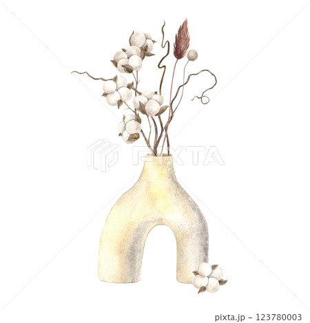 Ceramic light vase with dry plants, cotton, branches and others. Watercolor illustration in botanical style on isolated background. Drawing for interior, poster, wedding design, invitations, card 123780003
