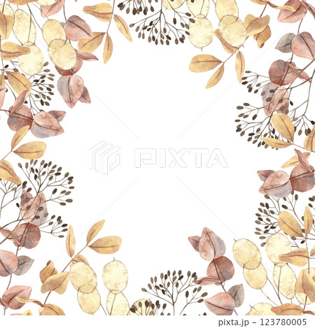 Dried flowers of lagurus, red and yellow eucalyptus and other dried flowers. Square botanical watercolor frame on isolated background. Frame for textiles, wallpaper, weddings, cards, invitations Dried flowers of lagurus, red and yellow eucalyptus and other dried flowers. Square botanical watercolor frame on isolated background. Frame for textiles, wallpaper, weddings, cards, invitations 123780005
