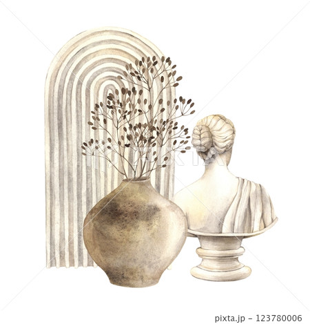 Composition of a female bust, a minimalist display, a brown vase and dried flowers. Watercolor drawing in a modern minimalist style. For design, posters, cards, flower arrangements, minimalist decor Composition of a female bust, a minimalist display, a brown vase and dried flowers. Watercolor drawing in a modern minimalist style. For design, posters, cards, flower arrangements, minimalist decor 123780006