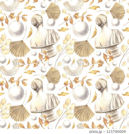 Antique female marble bust, dried flowers, plaster ball and decor. Watercolor pattern on a white background in a minimalist style. Handmade composition for interior, packaging, wedding design, fabric Antique female marble bust, dried flowers, plaster ball and decor. Watercolor pattern on a white background in a minimalist style. Handmade composition for interior, packaging, wedding design, fabric 123780009