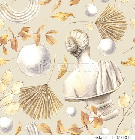 Antique female marble bust, dried flowers, plaster ball and decor. Watercolor pattern on a beige background in a minimalist style. Handmade composition for interior, packaging, wedding design, fabric 123780010
