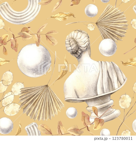 Antique female marble bust, dried flowers, plaster ball and decor. Watercolor pattern on an ocher background in a modern style. Handmade composition for interior, packaging, wedding design, fabric Antique female marble bust, dried flowers, plaster ball and decor. Watercolor pattern on an ocher background in a modern style. Handmade composition for interior, packaging, wedding design, fabric 123780011
