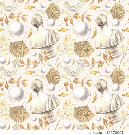 Antique female marble bust, dried flowers, plaster ball and decor. Watercolor pattern on a beige background in a minimalist style. Handmade composition for interior, packaging, wedding design, fabric 123780014
