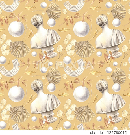 Antique female marble bust, dried flowers, plaster ball and decor. Watercolor pattern on an ocher background in a modern style. Handmade composition for interior, packaging, wedding design, fabric Antique female marble bust, dried flowers, plaster ball and decor. Watercolor pattern on an ocher background in a modern style. Handmade composition for interior, packaging, wedding design, fabric 123780015
