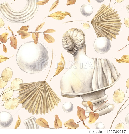 Antique female marble bust, dried flowers, plaster ball and decor. Watercolor pattern on a beige background in a minimalist style. Handmade composition for interior, packaging, wedding design, fabric Antique female marble bust, dried flowers, plaster ball and decor. Watercolor pattern on a beige background in a minimalist style. Handmade composition for interior, packaging, wedding design, fabric 123780017