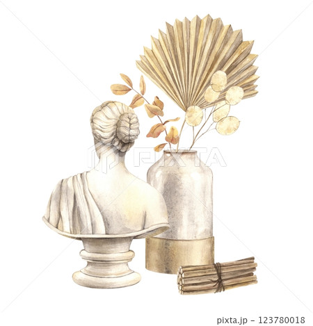 Antique female marble bust, vase with dried flowers, palm leaf, lunaria, eucalyptus. Watercolor composition in Scandinavian style. Hand drawn composition for interior, poster, card, wedding design Antique female marble bust, vase with dried flowers, palm leaf, lunaria, eucalyptus. Watercolor composition in Scandinavian style. Hand drawn composition for interior, poster, card, wedding design 123780018
