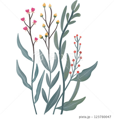 Watercolor illustration of wildflowers featuring soft pink and orange blooms with lush green stems and leaves.  123780047