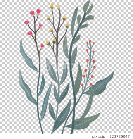 Watercolor illustration of wildflowers featuring soft pink and orange blooms with lush green stems and leaves.  123780047