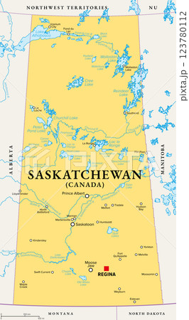 Saskatchewan, province in Western Canada, political map with boundaries, and largest cities, rivers and lakes. One of the prairie provinces, with capital Regina and the largest city Saskatoon. Vector Saskatchewan, province in Western Canada, political map with boundaries, and largest cities, rivers and lakes. One of the prairie provinces, with capital Regina and the largest city Saskatoon. Vector 123780112