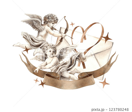 Cupid angels with wings, one shooting a bow and arrow and the other holding a love letter. Accented with ribbons, gold stars and a heart motif. Suitable for Valentine's Day cards, wedding invitations 123780248