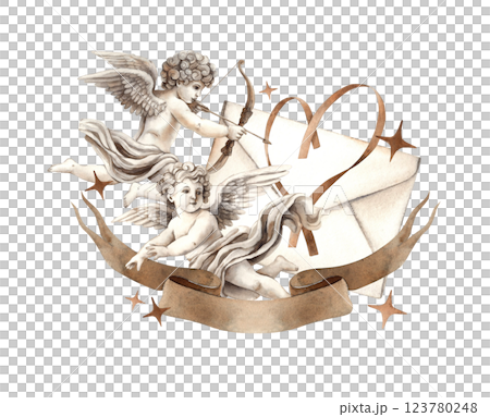 Cupid angels with wings, one shooting a bow and arrow and the other holding a love letter. Accented with ribbons, gold stars and a heart motif. Suitable for Valentine's Day cards, wedding invitations 123780248