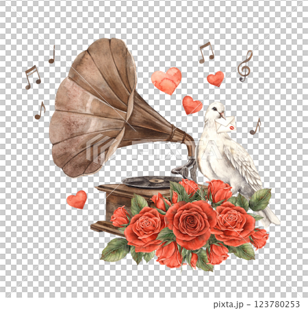 Vintage old gramophone with bouquet of red roses and white doves of love, with notes and hearts. Watercolor illustration for wedding, Valentine's Day, anniversary, cards, posters, banners, souvenirs Vintage old gramophone with bouquet of red roses and white doves of love, with notes and hearts. Watercolor illustration for wedding, Valentine's Day, anniversary, cards, posters, banners, souvenirs 123780253