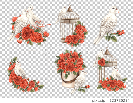 White doves symbolizing love, red roses and bouquets, vintage birdcage. Watercolor large set of illustrations. Set for wedding, Valentine's Day, anniversary, cards, posters, banners, souvenirs 123780254