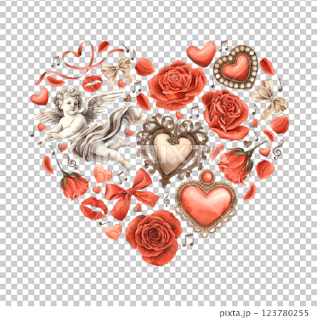 Angel Cupid, vintage heart, red roses and petals, silk ribbons and bows, music and notes. Watercolor composition in the form of a heart. For Valentine's Day, wedding designs, cards, gift wrapping Angel Cupid, vintage heart, red roses and petals, silk ribbons and bows, music and notes. Watercolor composition in the form of a heart. For Valentine's Day, wedding designs, cards, gift wrapping 123780255