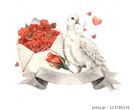 White dove with love letter, open letter with red velvet roses, hearts around and ribbon for text. Watercolor composition, suitable for Valentine's Day, wedding designs, greeting cards, gift wrap 123780256