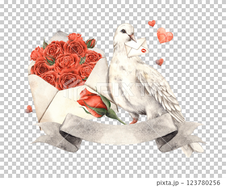 White dove with love letter, open letter with red velvet roses, hearts around and ribbon for text. Watercolor composition, suitable for Valentine's Day, wedding designs, greeting cards, gift wrap 123780256