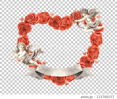 Cherub angels cupids of love with bright red velvet roses, hearts and ribbon for text. Watercolor hand drawn illustration suitable for wedding, Valentine's Day and anniversary design, cards, posters 123780257