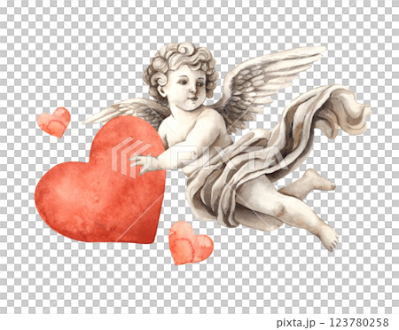 Cherub angel cupid of love with big red heart in hands and small ones around. Watercolor illustration in vintage style, suitable for wedding, Valentine's Day, anniversary, cards, posters and banners 123780258