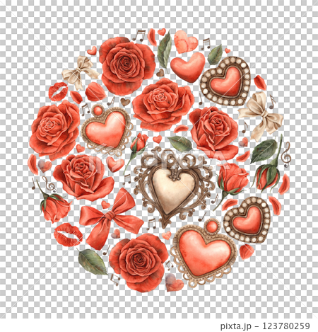 Vintage openwork hearts, red velvet roses and petals, green leaves, satin bows, hearts and notes. Watercolor circle composition. Suitable for Valentine's Day, wedding designs, cards, gift wrap 123780259