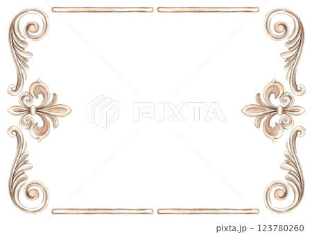 Vintage baroque frame in the form of a rectangular border with a pattern of swirls and curls. Watercolor illustration frame for wedding, Valentine's Day, anniversary, birthday, cards, posters, banners 123780260
