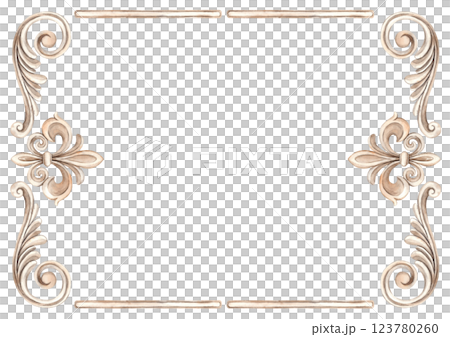 Vintage baroque frame in the form of a rectangular border with a pattern of swirls and curls. Watercolor illustration frame for wedding, Valentine's Day, anniversary, birthday, cards, posters, banners 123780260