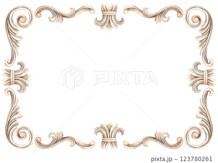 Vintage baroque frame in the form of a rectangular border with a pattern of swirls and curls. Watercolor illustration frame for wedding, Valentine's Day, anniversary, birthday, cards, posters, banners Vintage baroque frame in the form of a rectangular border with a pattern of swirls and curls. Watercolor illustration frame for wedding, Valentine's Day, anniversary, birthday, cards, posters, banners 123780261