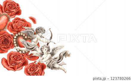 Red velvet bright roses with petals, Vintage heart and angel cupid. Watercolor hand drawn isolated rectangular frame for banner, suitable for Valentine's Day, wedding, invitation, romantic design Red velvet bright roses with petals, Vintage heart and angel cupid. Watercolor hand drawn isolated rectangular frame for banner, suitable for Valentine's Day, wedding, invitation, romantic design 123780266