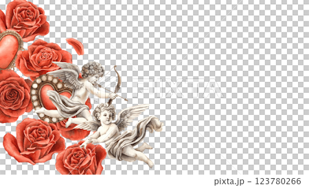 Red velvet bright roses with petals, Vintage heart and angel cupid. Watercolor hand drawn isolated rectangular frame for banner, suitable for Valentine's Day, wedding, invitation, romantic design 123780266