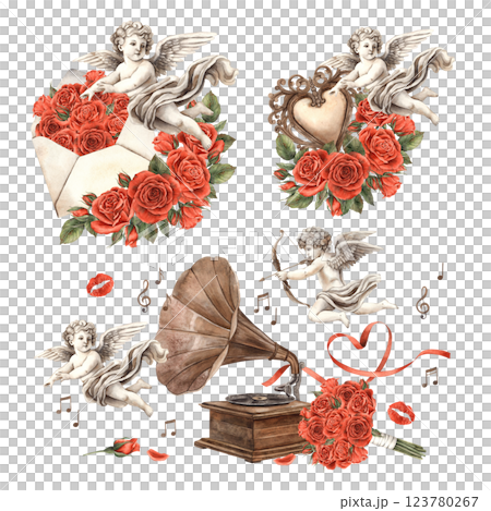 Angel cupid, red roses and bouquet, envelope, copper gramophone and notes, kisses. Watercolor set with different illustrations, suitable for Valentine's Day, wedding, invitation, romantic design 123780267