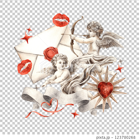 Angels cupids with love letter, vintage heart with red crystal, kiss marks and red stars. Watercolor illustration with ribbon for text, suitable for Valentine's Day cards, wedding invitations 123780268