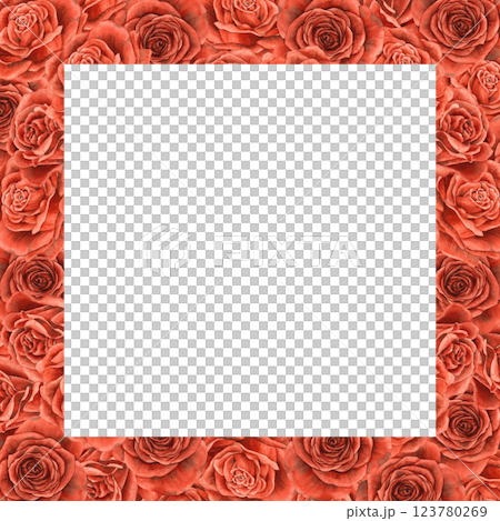 Red bright velvet big rosebuds. Watercolor realistic square frame with square center with place for text. Suitable for banners, invitations, packaging, wedding design, Valentine's Day, anniversary 123780269
