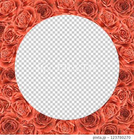 Red bright velvet big rosebuds. Watercolor realistic square frame with round center and place for text. Suitable for banners, invitations, packaging, wedding design, Valentine's Day, anniversary 123780270