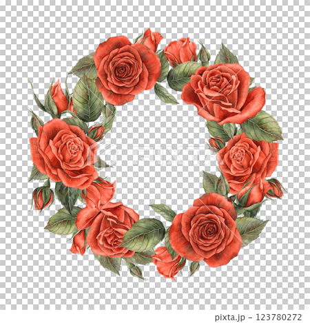 Gorgeous red bright velvet roses with buds and green leaves. Watercolor realistic beautiful round wreath of flowers. Suitable for floristry design, Valentine's Day, Weddings and Birthdays, cards Gorgeous red bright velvet roses with buds and green leaves. Watercolor realistic beautiful round wreath of flowers. Suitable for floristry design, Valentine's Day, Weddings and Birthdays, cards 123780272