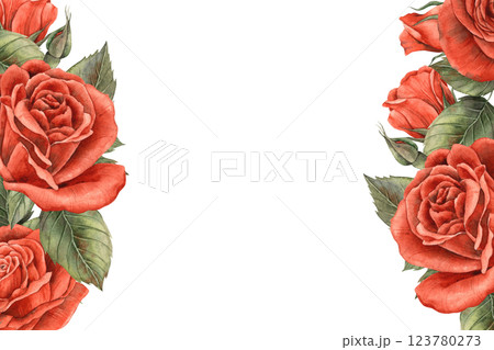 Roses of bright red velvet color with buds and green leaves. Watercolor rectangular frame of flowers with space for text. Suitable for floristry design, Valentine's Day, Weddings and Birthdays, cards Roses of bright red velvet color with buds and green leaves. Watercolor rectangular frame of flowers with space for text. Suitable for floristry design, Valentine's Day, Weddings and Birthdays, cards 123780273
