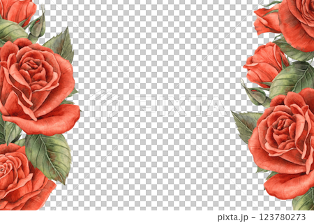 Roses of bright red velvet color with buds and green leaves. Watercolor rectangular frame of flowers with space for text. Suitable for floristry design, Valentine's Day, Weddings and Birthdays, cards Roses of bright red velvet color with buds and green leaves. Watercolor rectangular frame of flowers with space for text. Suitable for floristry design, Valentine's Day, Weddings and Birthdays, cards 123780273
